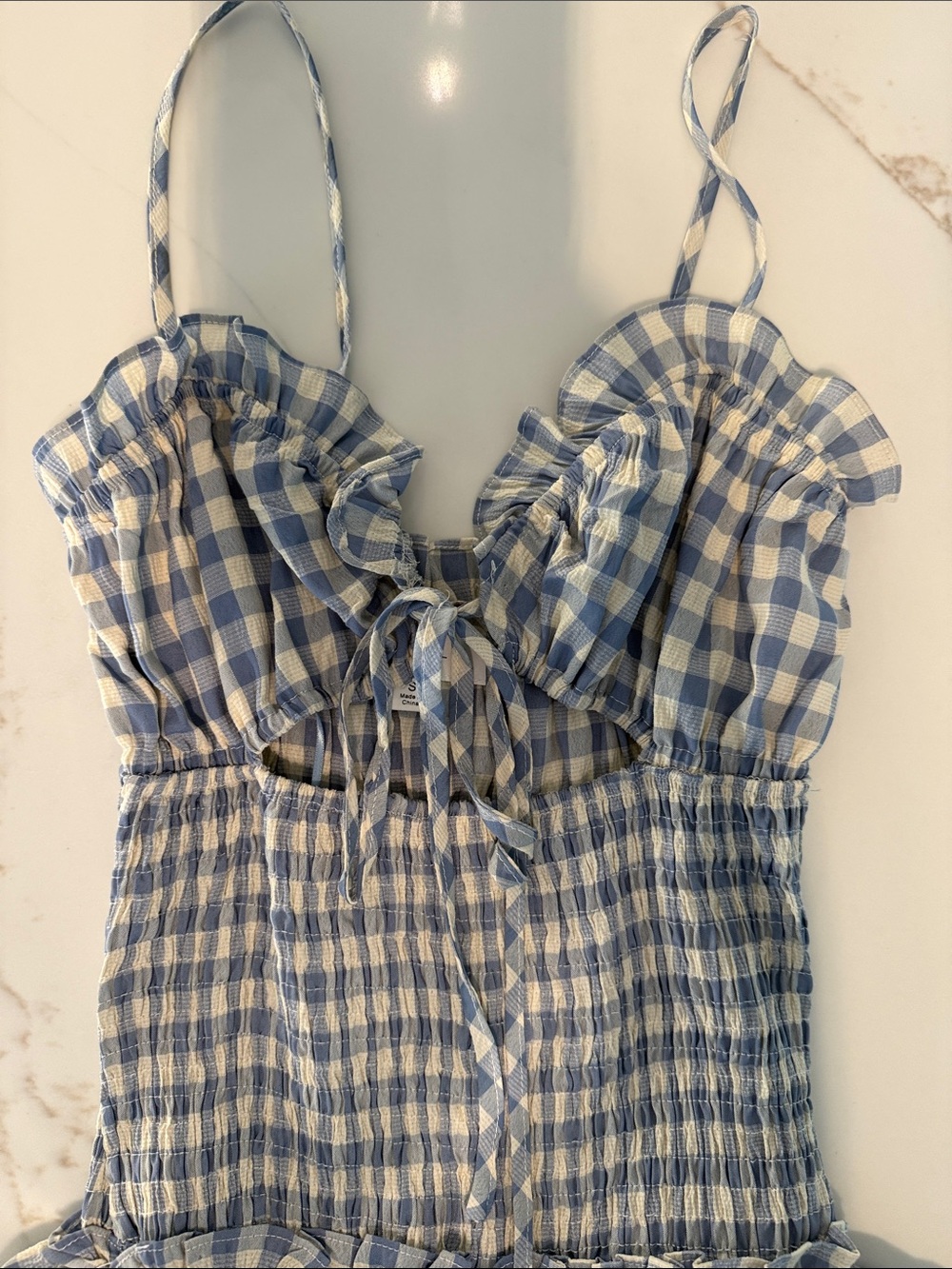 Blue Gingham Ruffle Mini Dress with Spaghetti Straps - Picture 2 of 6